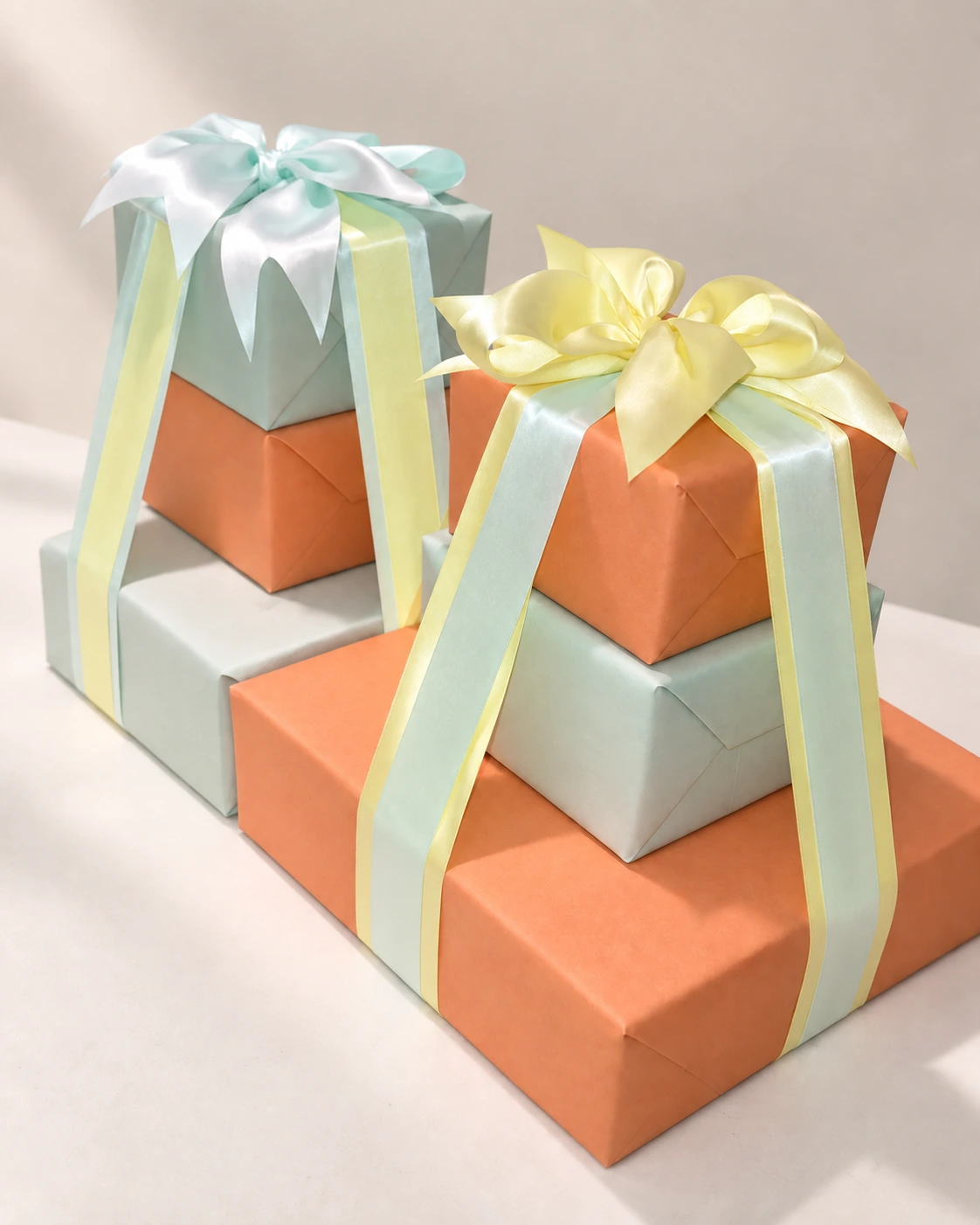 Pastel peach and mint gift towers with satin bows