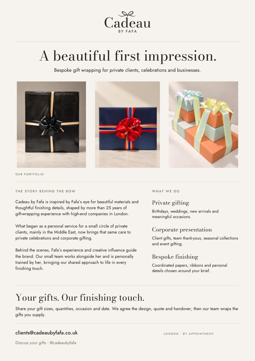 Preview of the one-page Cadeau by Fafa service pack