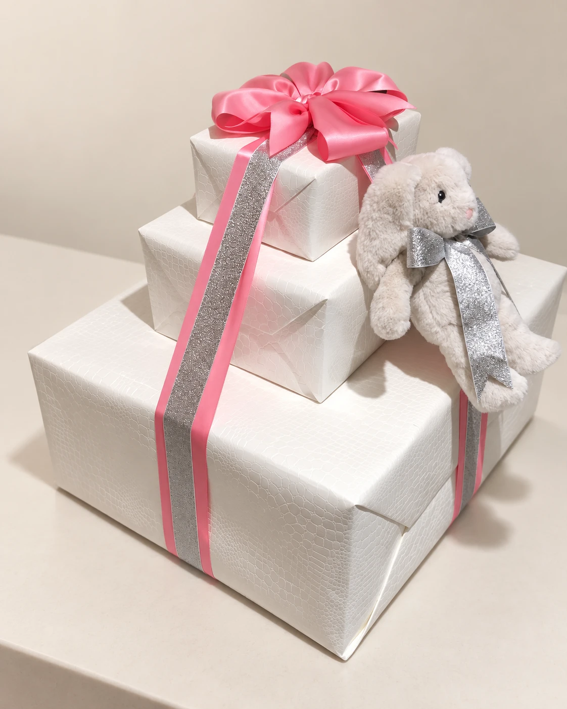 White gift tower with pink ribbons and a bunny