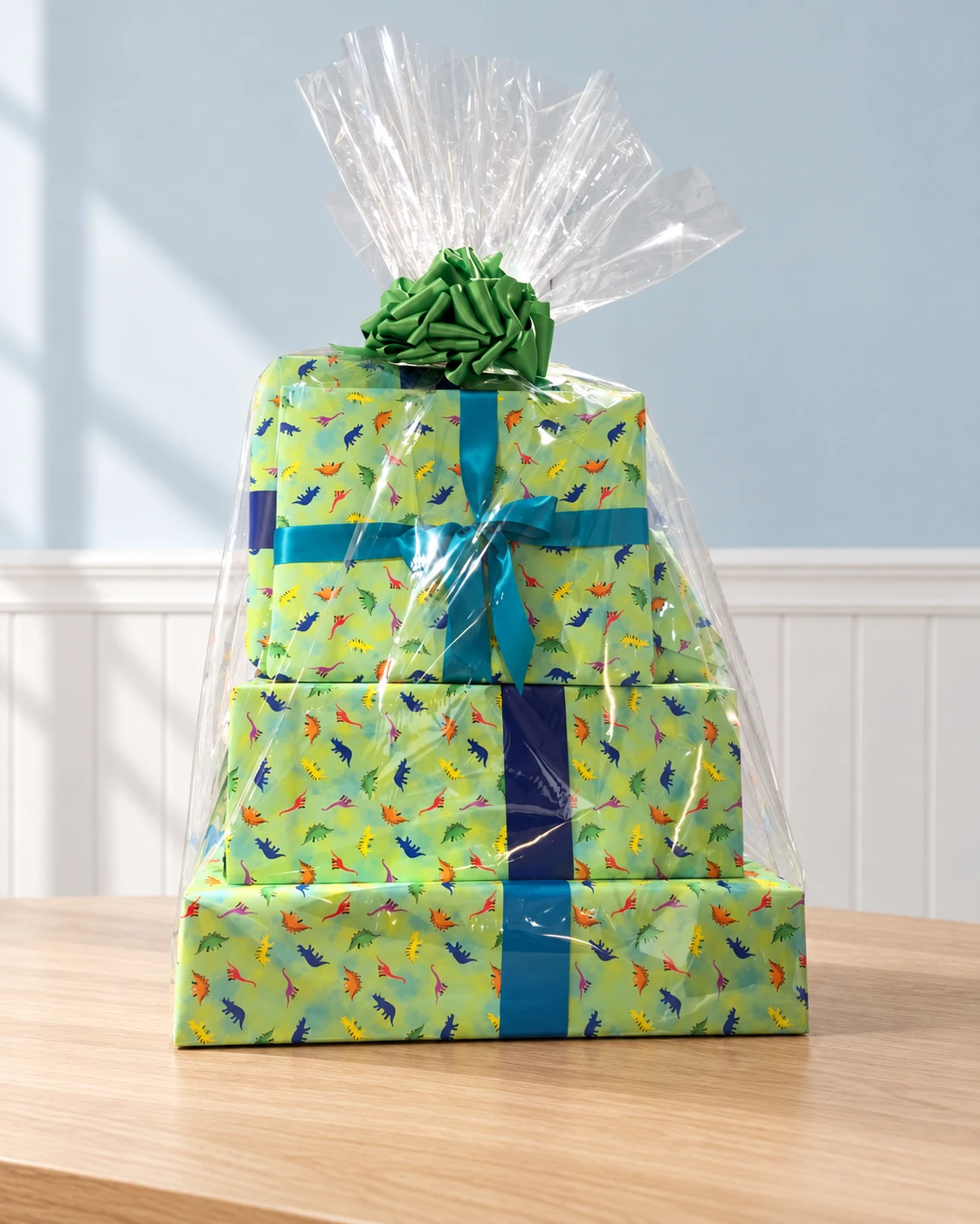 Dinosaur-print gift tower with green and blue ribbons