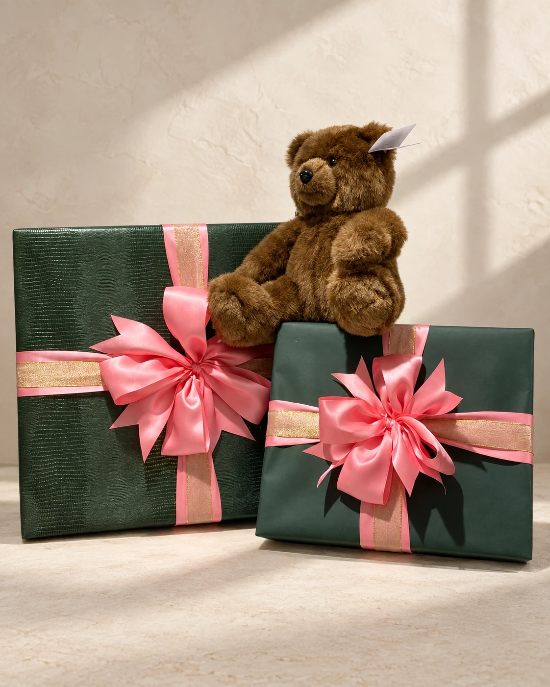 Two green wrapped gifts with pink and gold ribbons and a brown teddy bear