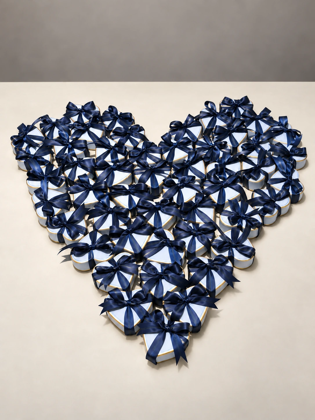 Ribbon-tied tins arranged into a heart