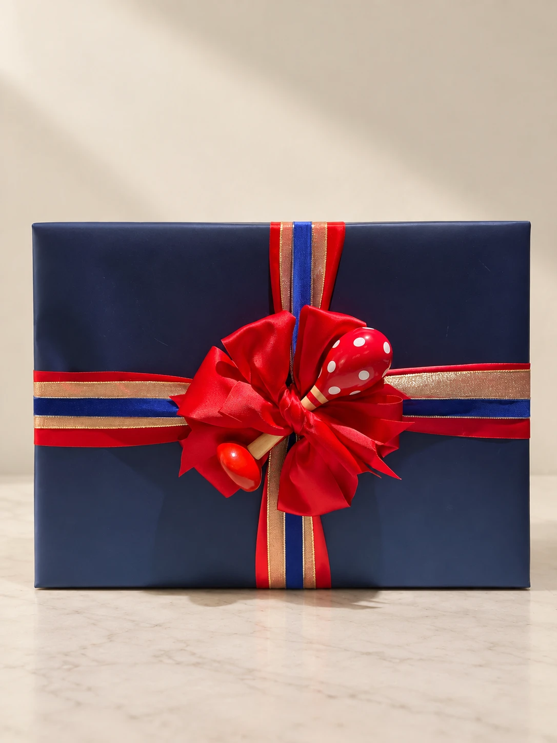Navy gift with layered red, gold and blue ribbons, a red bow and spotted maraca