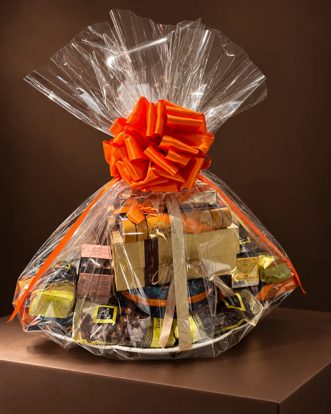 Cellophane-wrapped hamper with an orange bow
